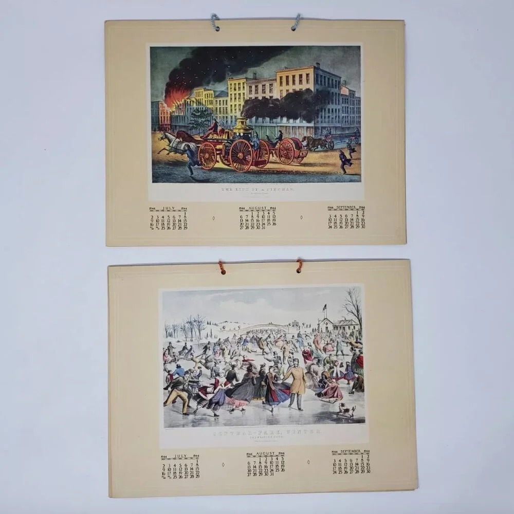 2 VTG 1944 Currier & Ives Calendars Home To Thanksgiving, American Express Train